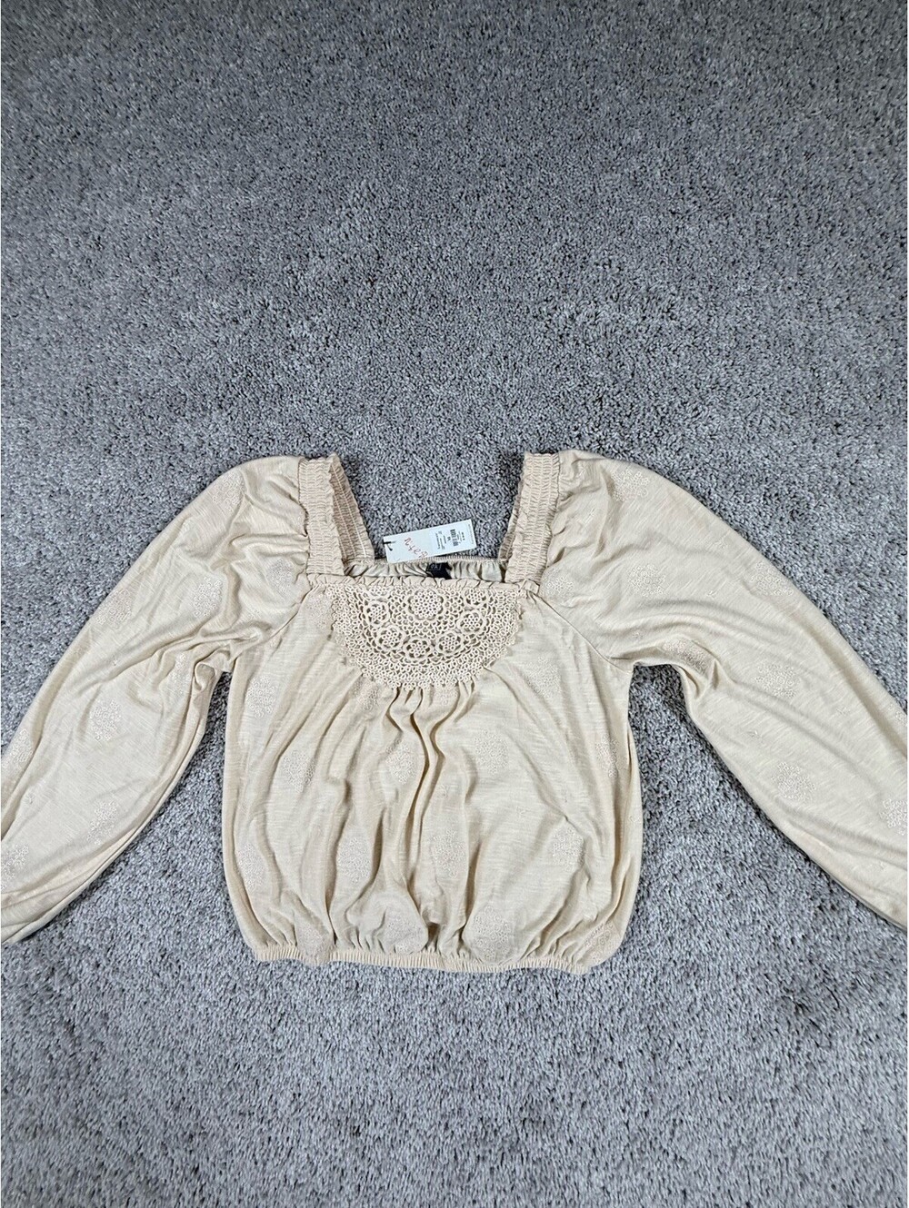 NWT Alya Women’s Knit Shirt Size XS Beige With Crocheting On Front Long Sleeve